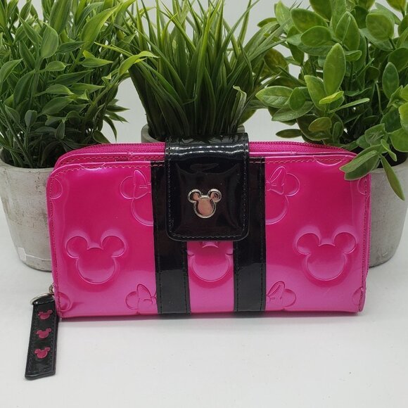 Loungefly Minnie Loves Mickey Embossed Pink Black Patent Leather Wallet - Picture 3 of 10